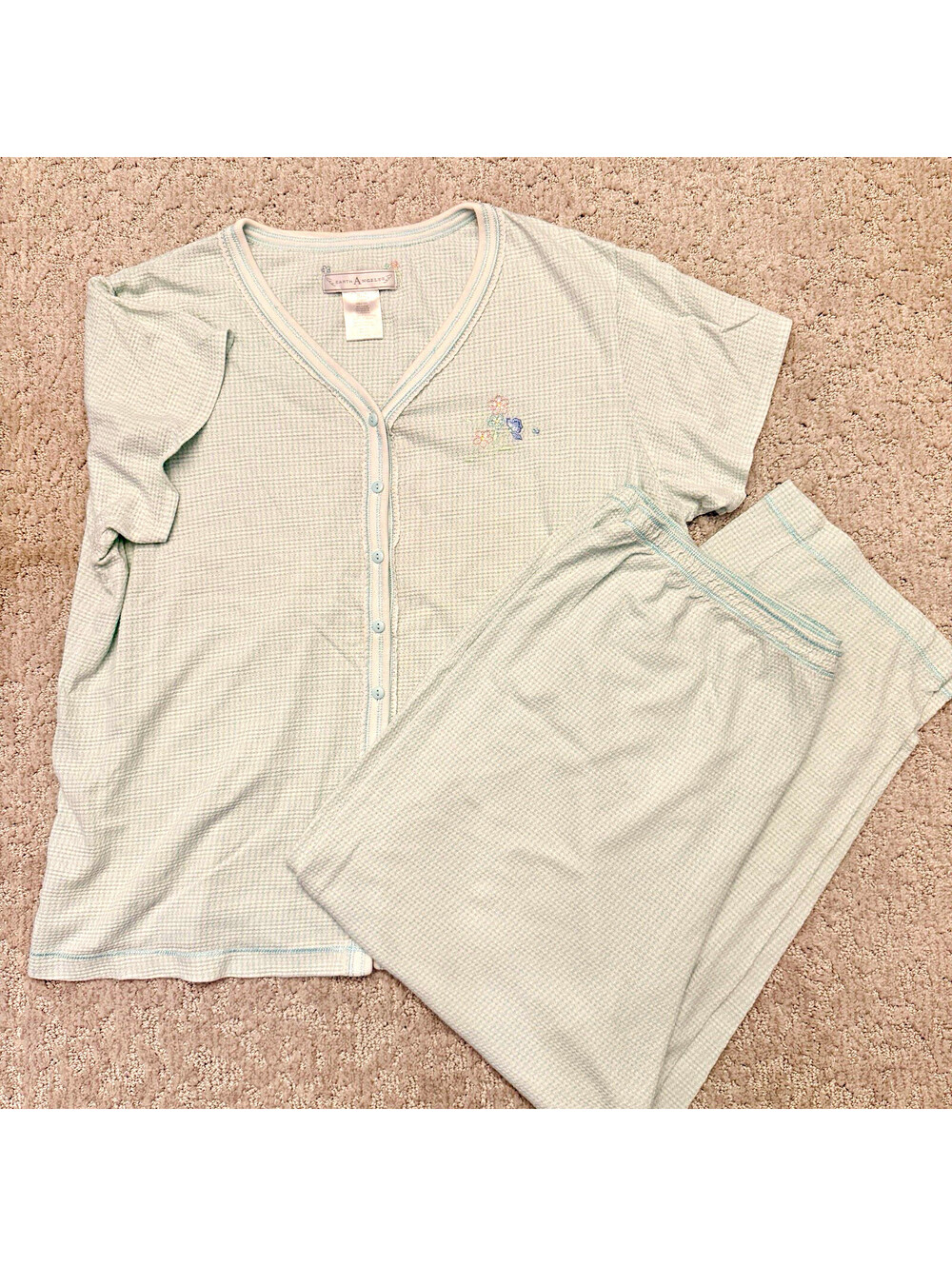 Earth Angels Women's L Blue/White Geometric Knit Pajama Set Button-Front V-Neck